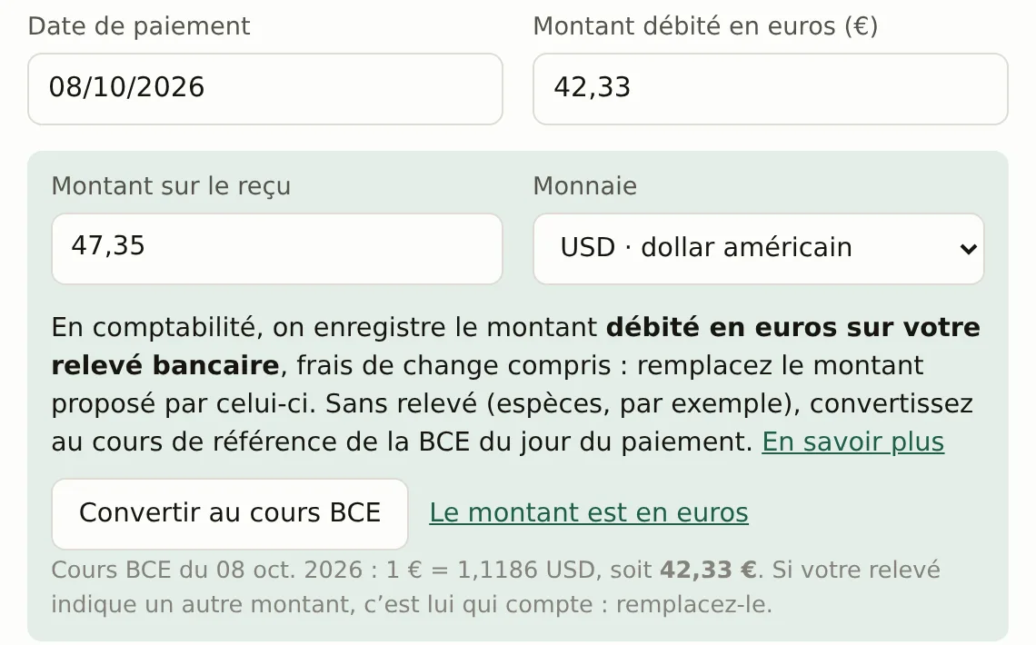 Fiche d'une dépense dans Comptart : reçu de 47,35 dollars américains, montant débité en euros, bouton Convertir au cours BCE et cours du 8 octobre 2026