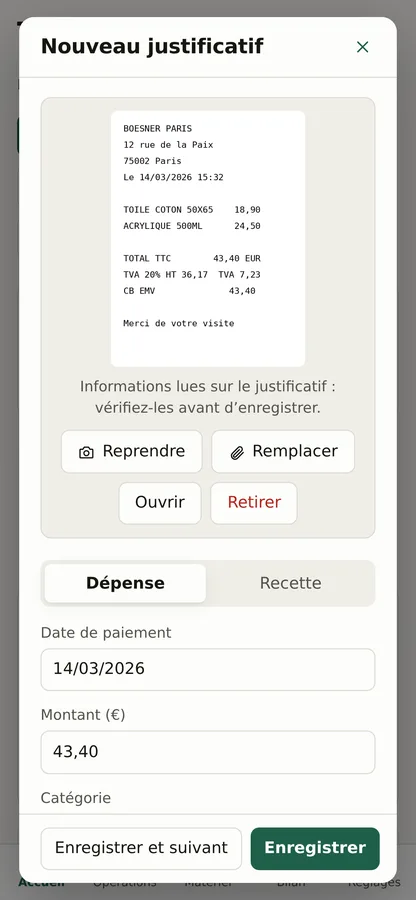 Reçu photographié et lu automatiquement