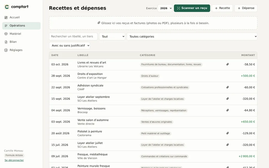 Liste des recettes et dépenses avec leurs justificatifs